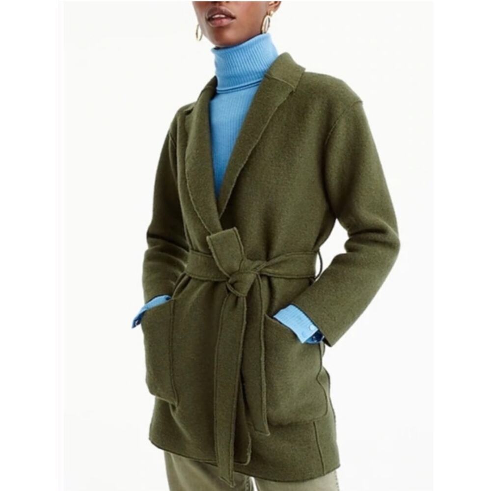 J.Crew Boiled Wool Wrap Coat Forest Green XS Belted - Picture 6 of 15